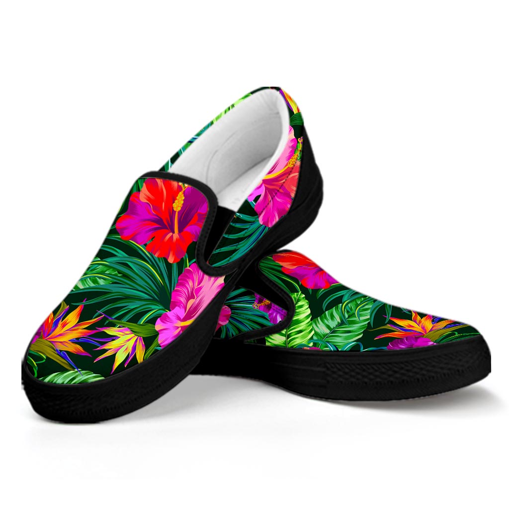 Purple Tropical Pattern Print Black Slip On Sneakers