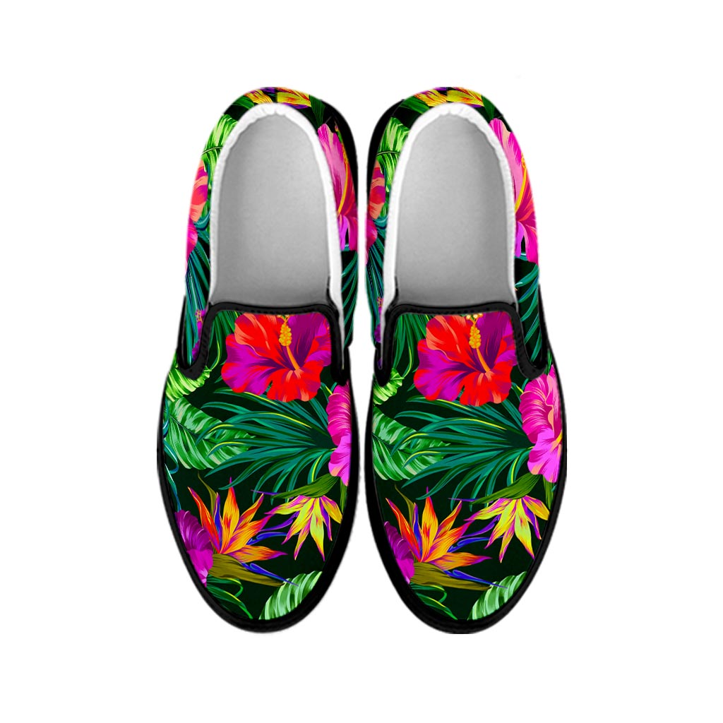 Purple Tropical Pattern Print Black Slip On Sneakers