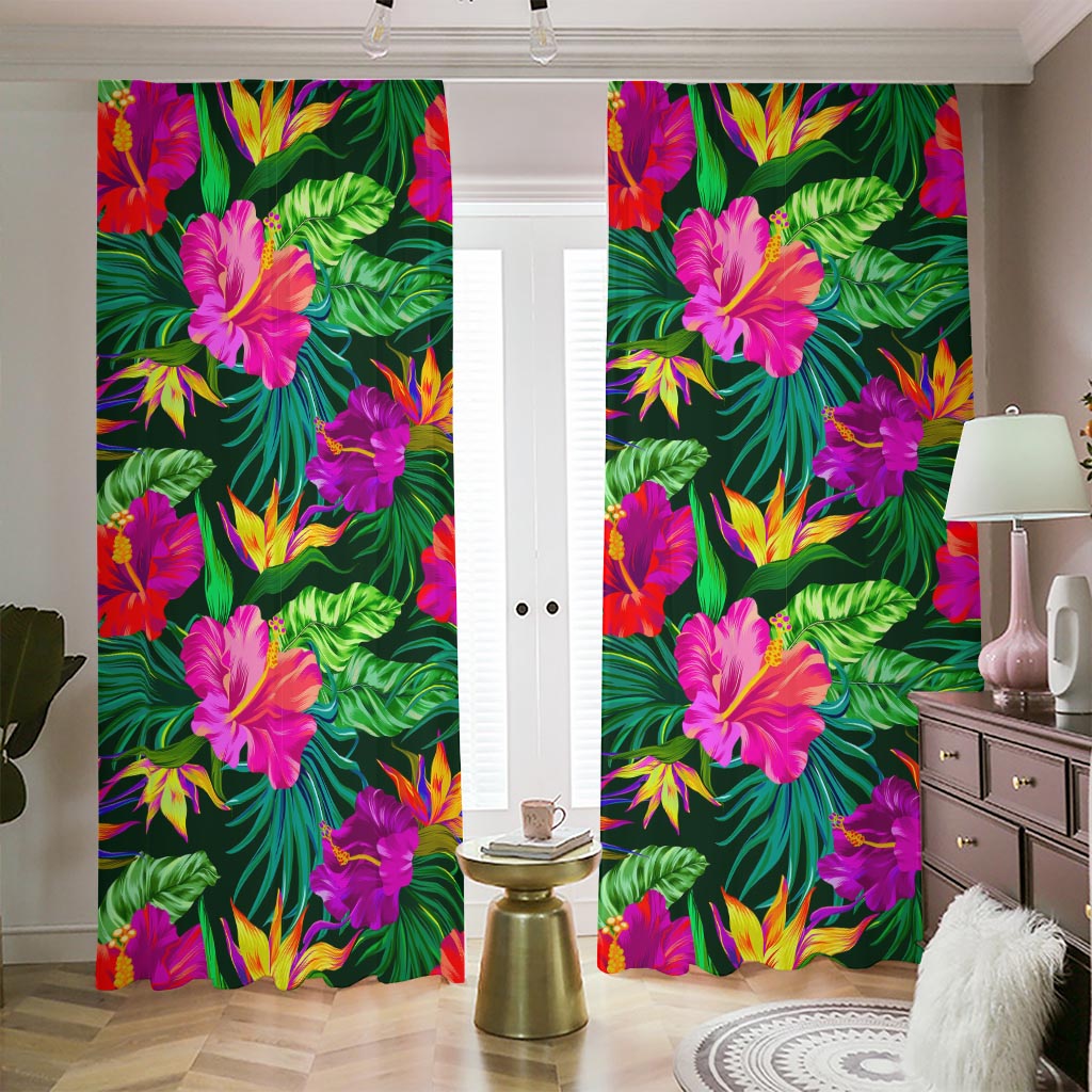 Purple Tropical Pattern Print Blackout Pencil Pleat Curtains