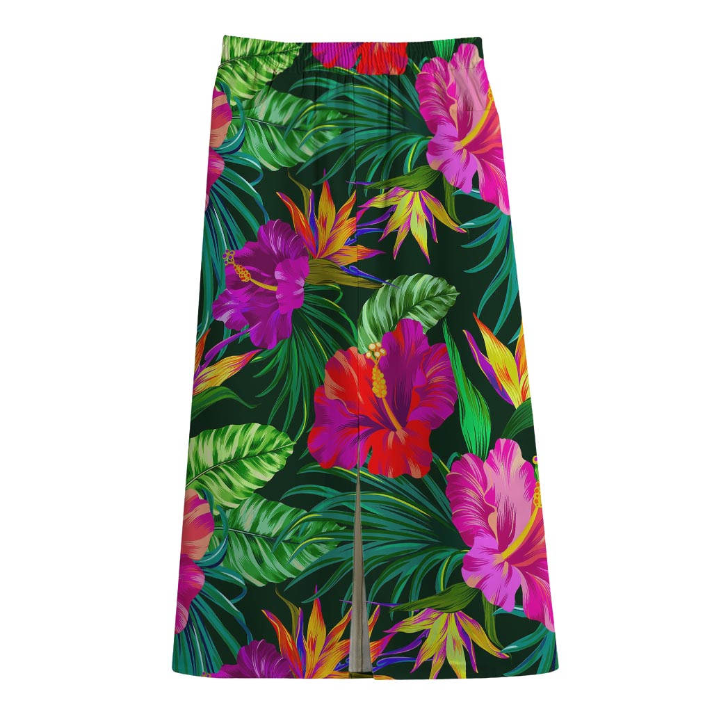 Purple Tropical Pattern Print Cotton Front Slit Maxi Skirt