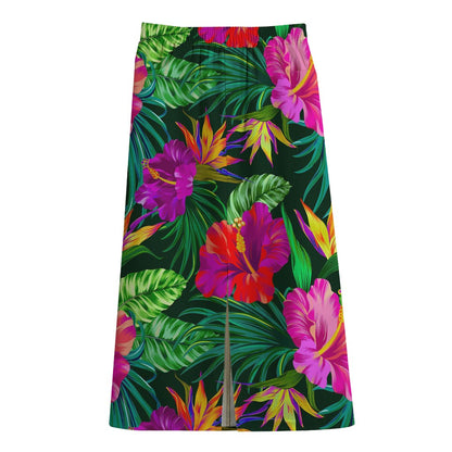 Purple Tropical Pattern Print Cotton Front Slit Maxi Skirt