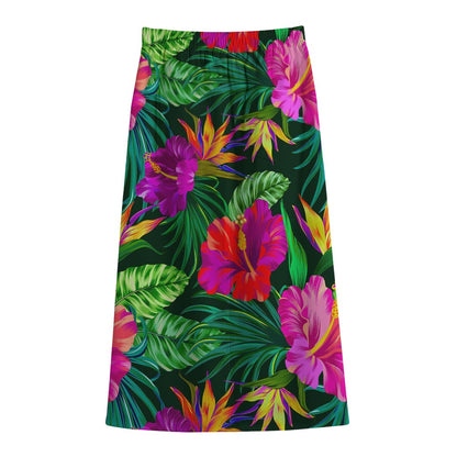 Purple Tropical Pattern Print Cotton Front Slit Maxi Skirt