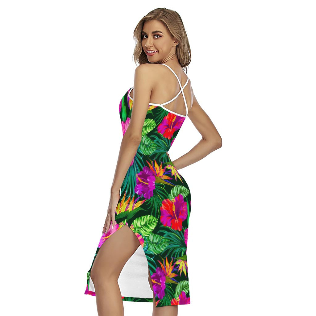 Purple Tropical Pattern Print Cross Back Cami Dress