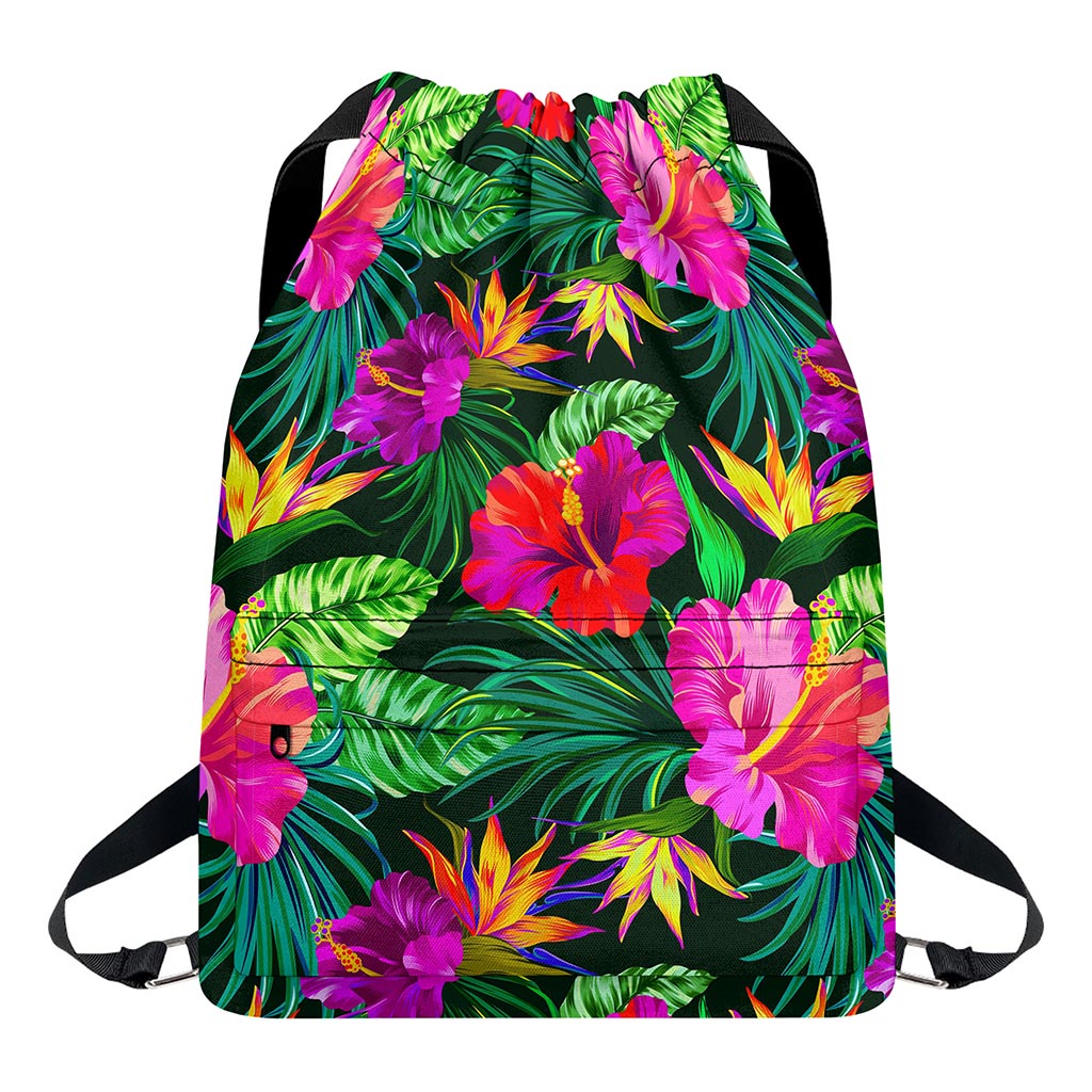 Purple Tropical Pattern Print Drawstring Backpack