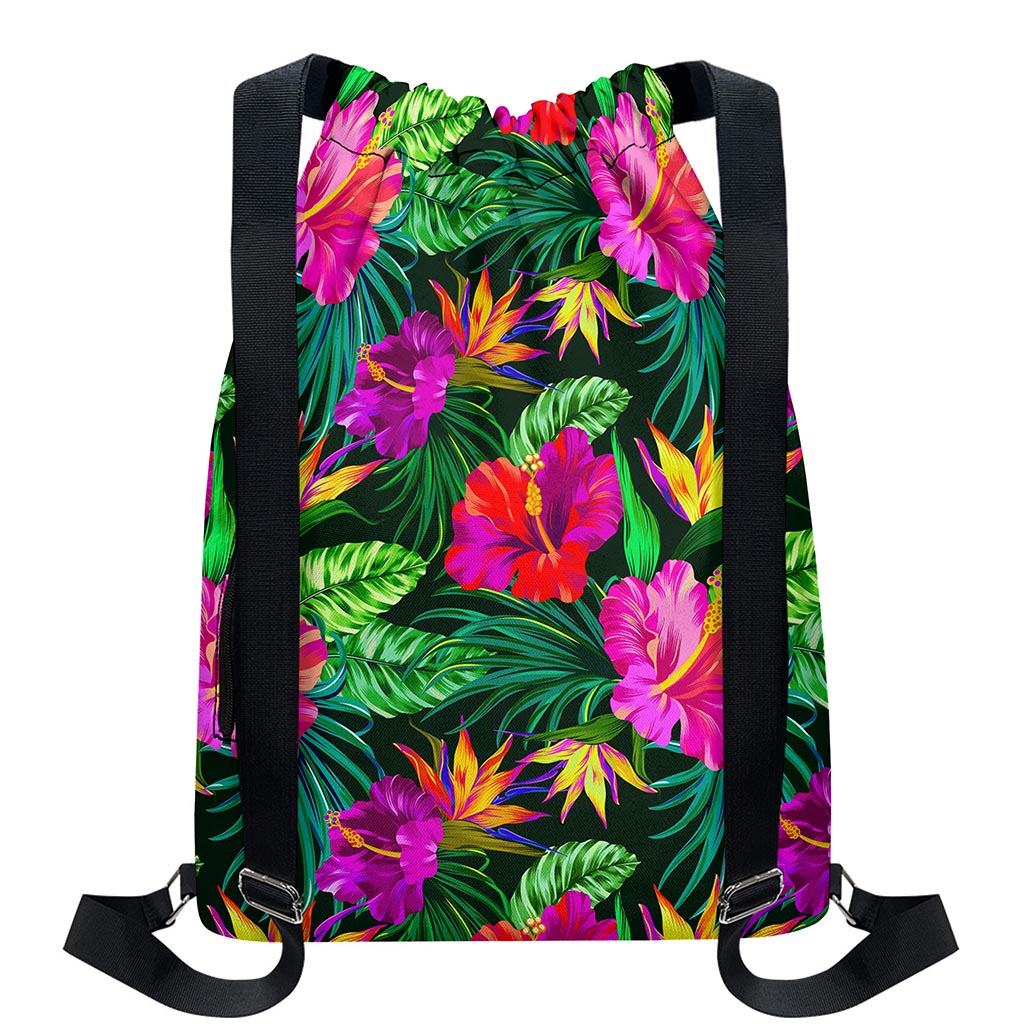 Purple Tropical Pattern Print Drawstring Backpack