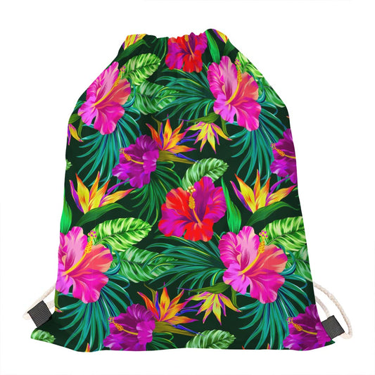 Purple Tropical Pattern Print Drawstring Bag