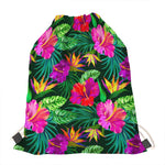 Purple Tropical Pattern Print Drawstring Bag