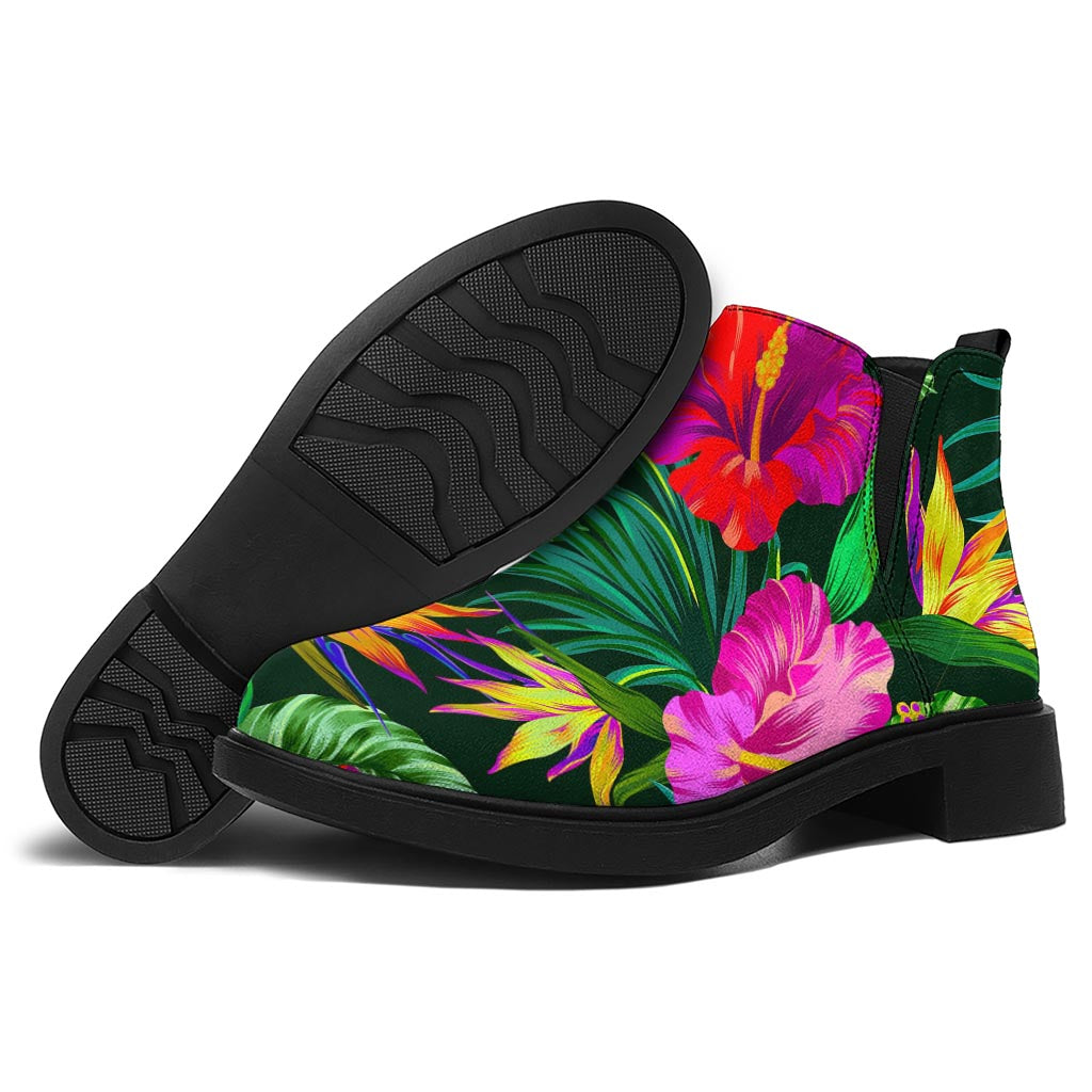 Purple Tropical Pattern Print Flat Ankle Boots