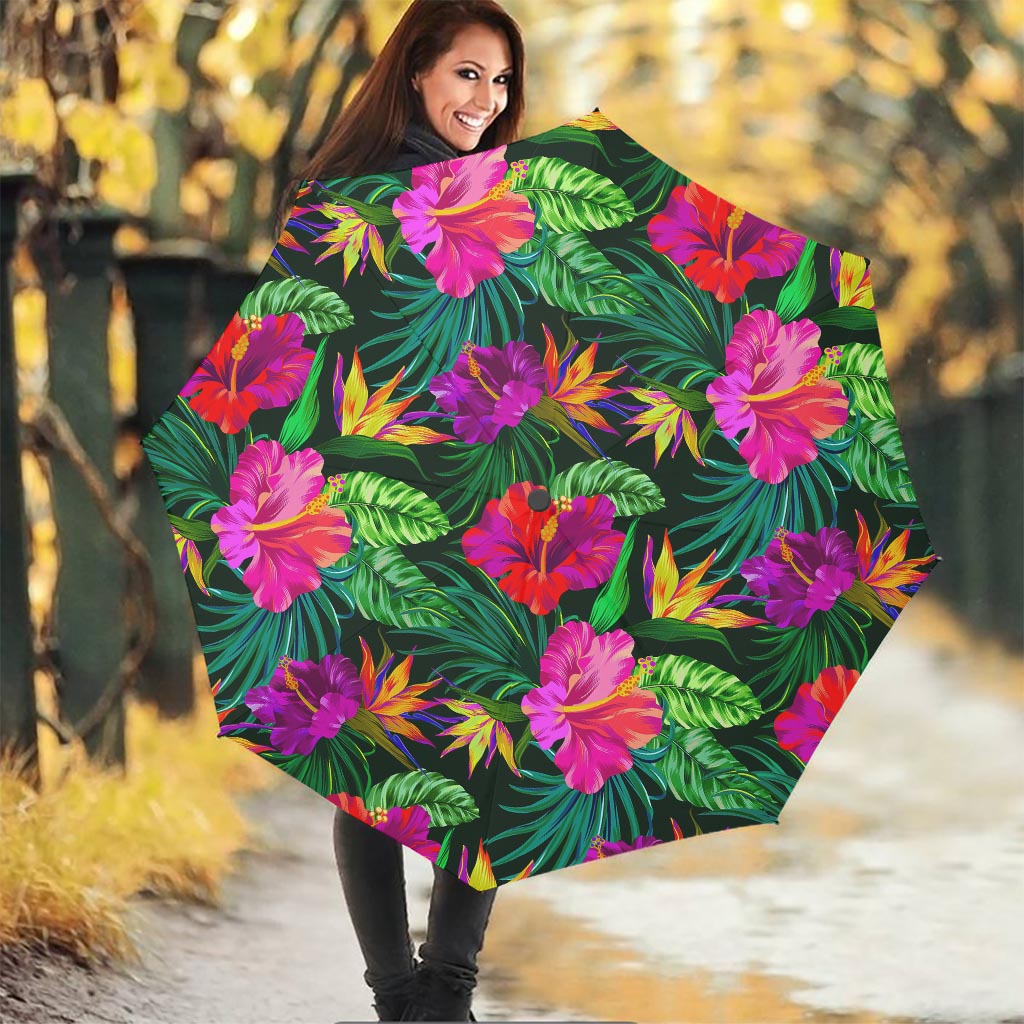Purple Tropical Pattern Print Foldable Umbrella