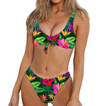 Purple Tropical Pattern Print Front Bow Tie Bikini