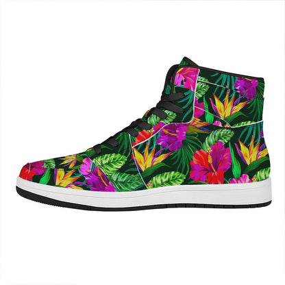 Purple Tropical Pattern Print High Top Leather Sneakers