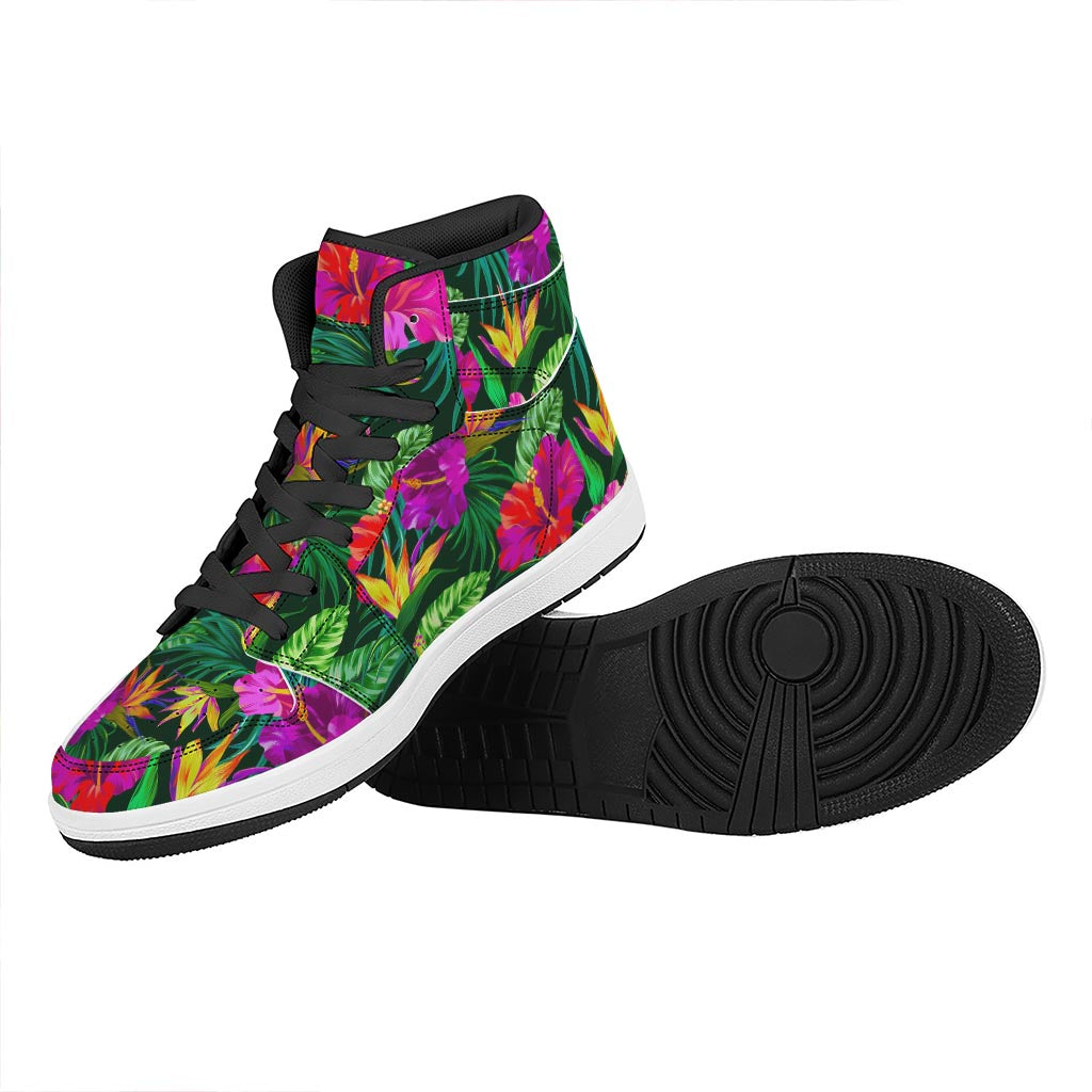 Purple Tropical Pattern Print High Top Leather Sneakers