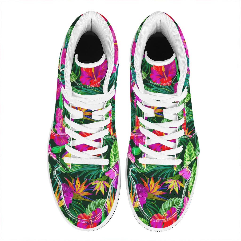 Purple Tropical Pattern Print High Top Leather Sneakers