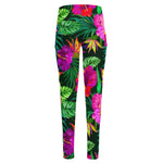 Purple Tropical Pattern Print High-Waisted Pocket Leggings