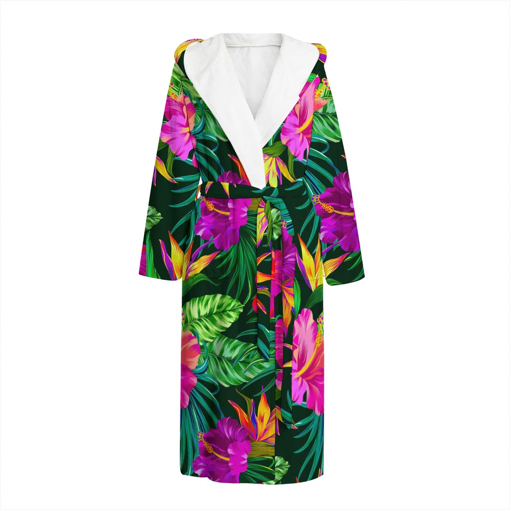 Purple Tropical Pattern Print Hooded Bathrobe