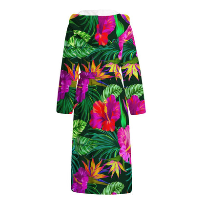 Purple Tropical Pattern Print Hooded Bathrobe
