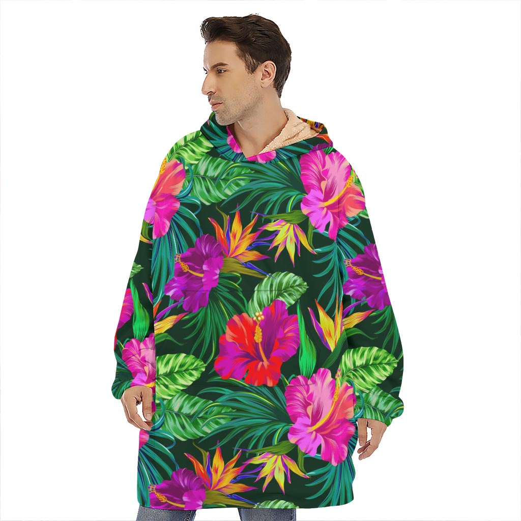 Purple Tropical Pattern Print Hoodie Blanket