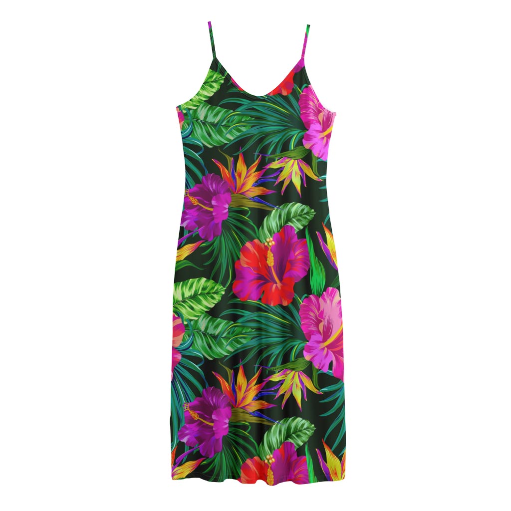 Purple Tropical Pattern Print Jersey Midi Cami Dress