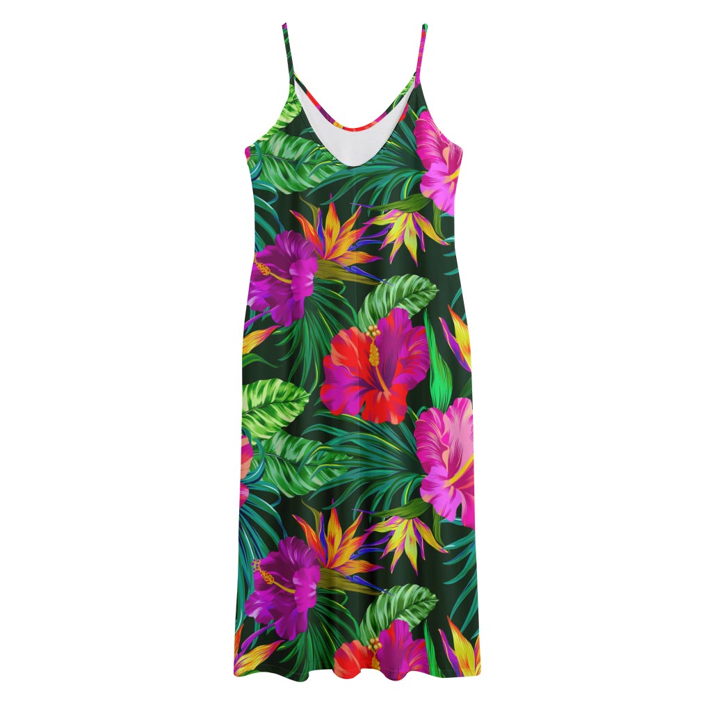 Purple Tropical Pattern Print Jersey Midi Cami Dress