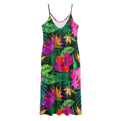 Purple Tropical Pattern Print Jersey Midi Cami Dress