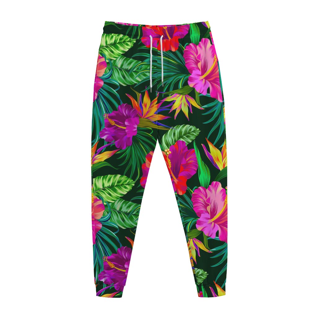 Purple Tropical Pattern Print Jogger Pants
