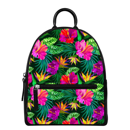 Purple Tropical Pattern Print Leather Backpack