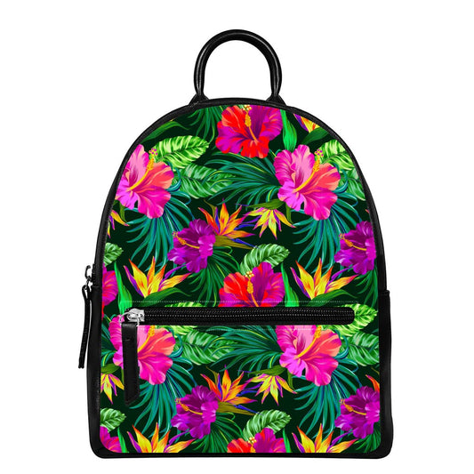 Purple Tropical Pattern Print Leather Backpack