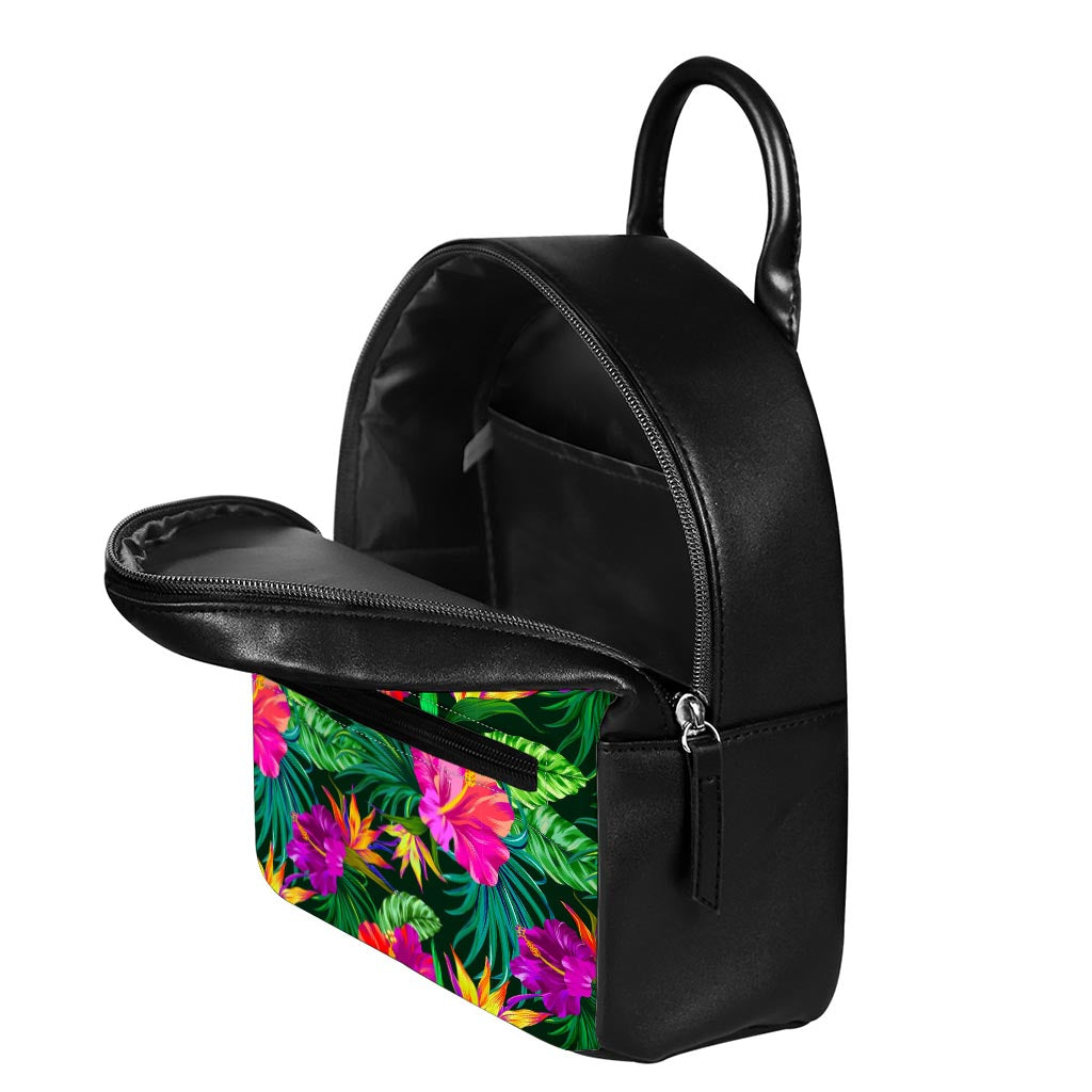 Purple Tropical Pattern Print Leather Backpack