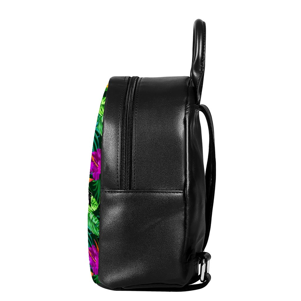 Purple Tropical Pattern Print Leather Backpack
