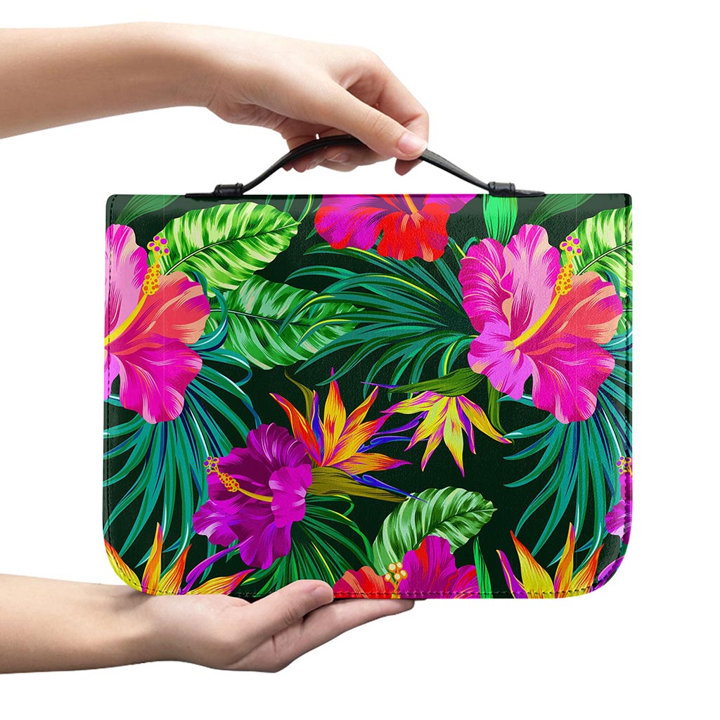 Purple Tropical Pattern Print Leather Bible Cover