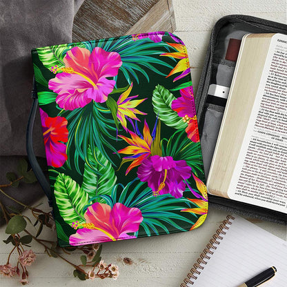 Purple Tropical Pattern Print Leather Bible Cover