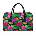 Purple Tropical Pattern Print Leather Duffel Bag
