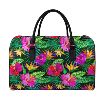 Purple Tropical Pattern Print Leather Duffle Bag