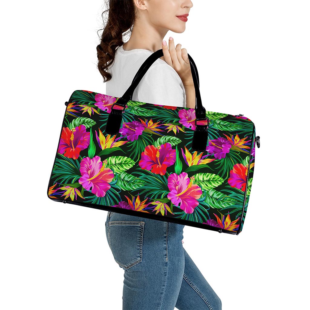 Purple Tropical Pattern Print Leather Duffle Bag