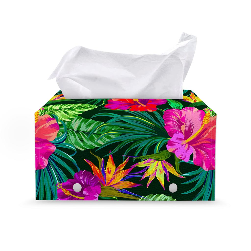 Purple Tropical Pattern Print Leather Tissue Box Cover