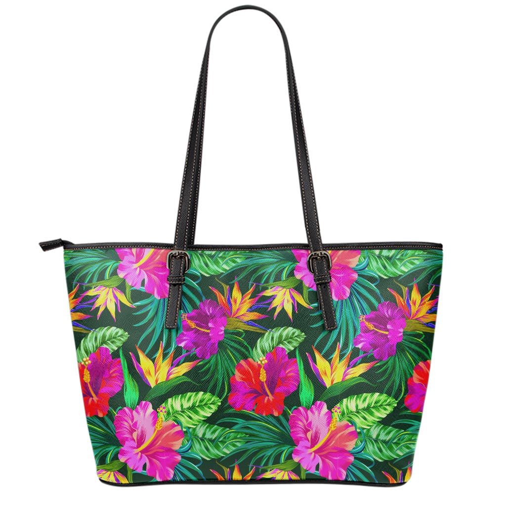 Purple Tropical Pattern Print Leather Tote Bag