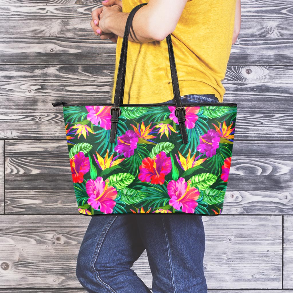 Purple Tropical Pattern Print Leather Tote Bag