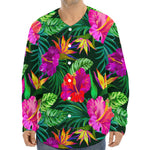 Purple Tropical Pattern Print Long Sleeve Baseball Jersey