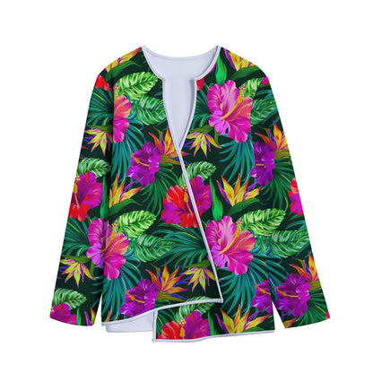 Purple Tropical Pattern Print Long Sleeve Short Coat