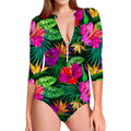 Purple Tropical Pattern Print Long Sleeve Swimsuit