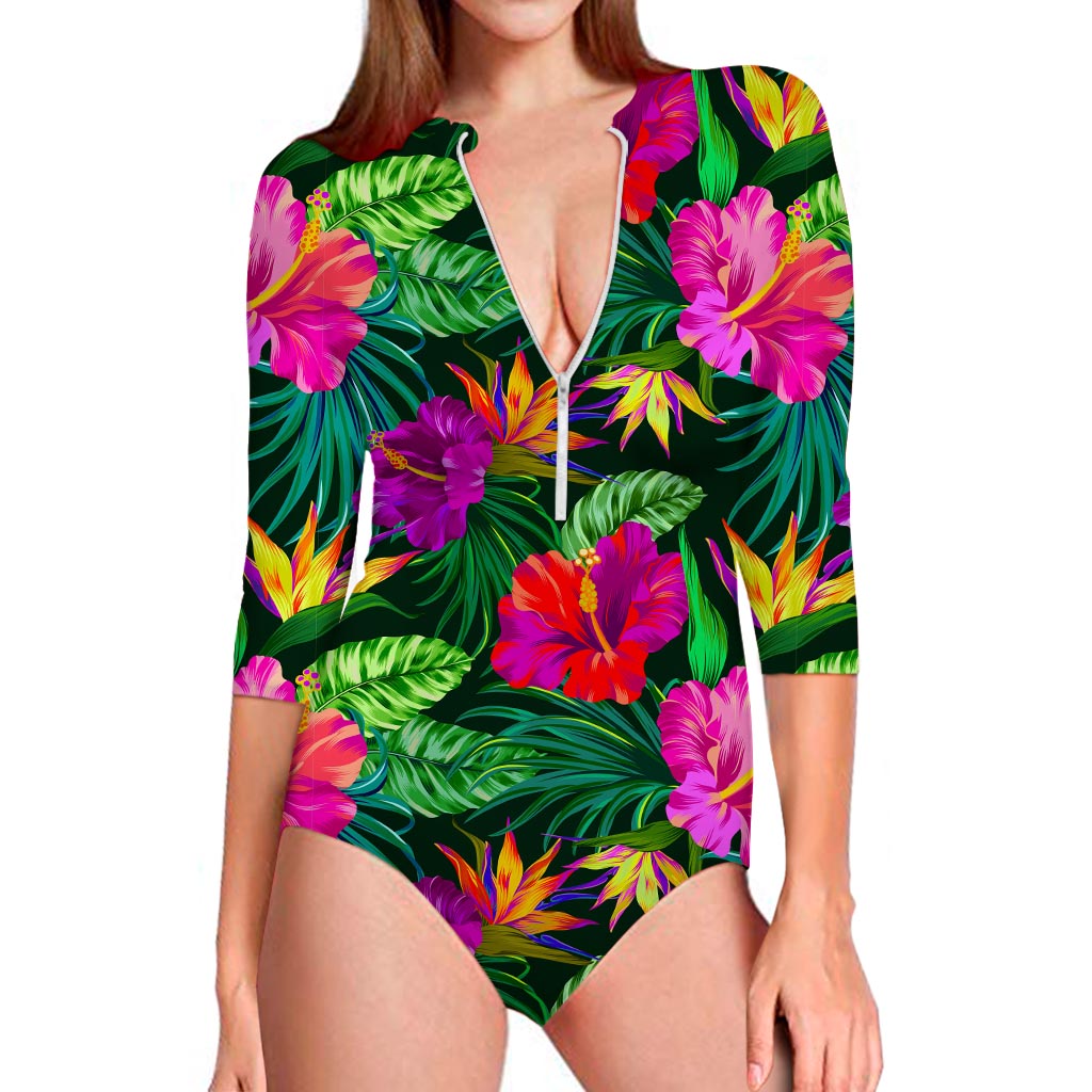 Purple Tropical Pattern Print Long Sleeve Swimsuit