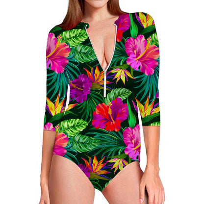 Purple Tropical Pattern Print Long Sleeve Swimsuit