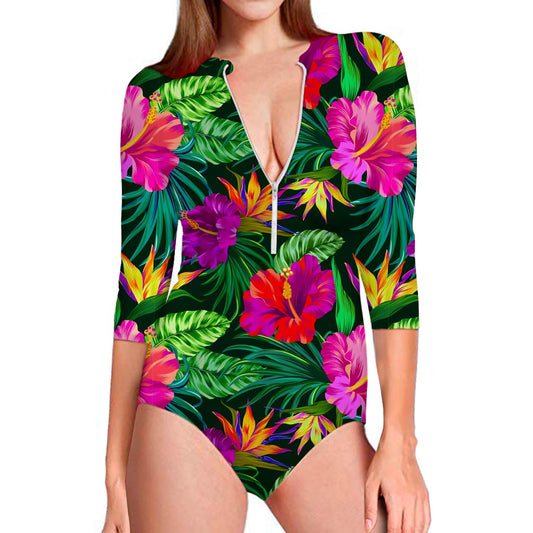 Purple Tropical Pattern Print Long Sleeve Swimsuit