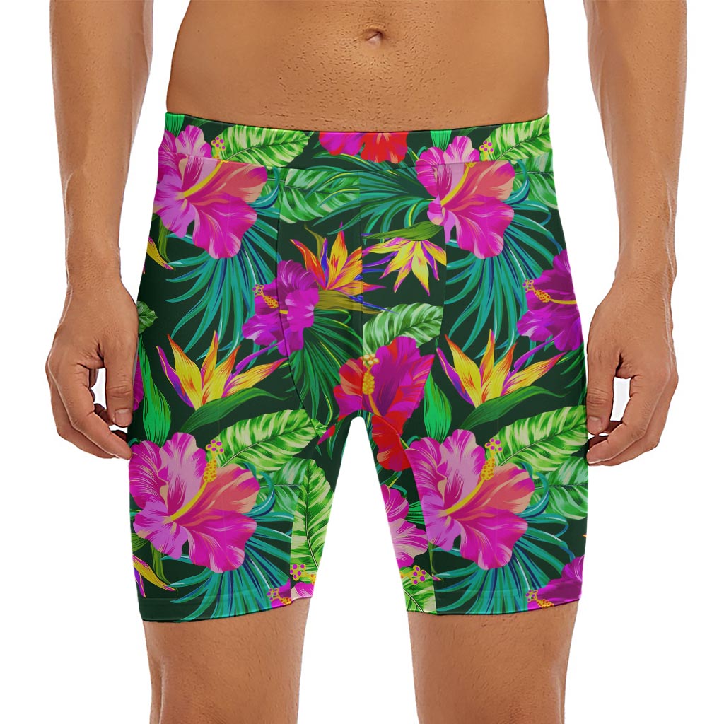 Purple Tropical Pattern Print Men's Long Boxer Briefs
