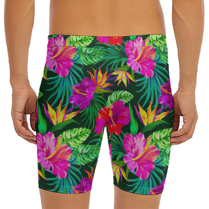 Purple Tropical Pattern Print Men's Long Boxer Briefs