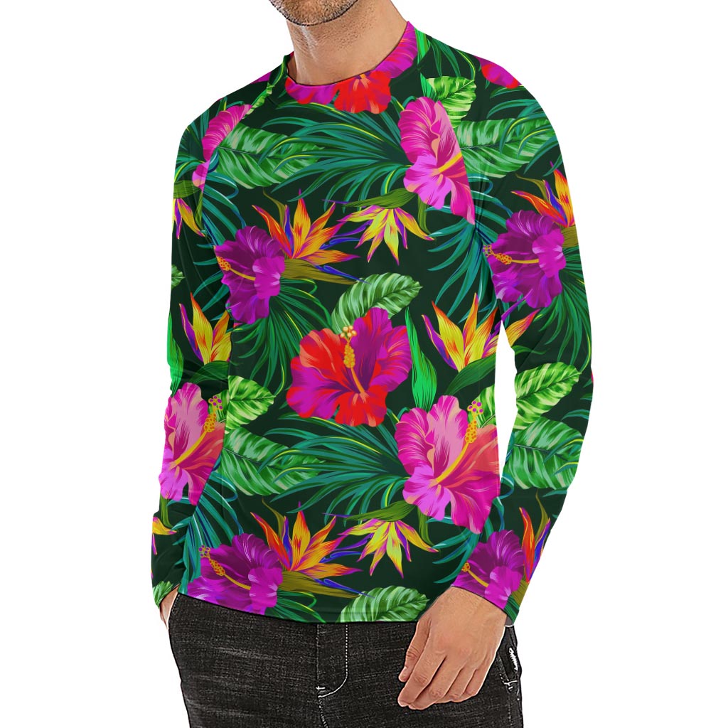 Purple Tropical Pattern Print Men's Long Sleeve Rash Guard