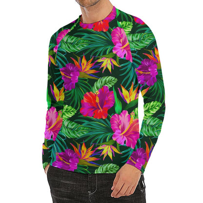 Purple Tropical Pattern Print Men's Long Sleeve Rash Guard