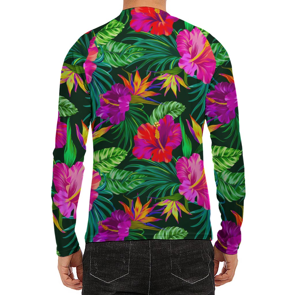 Purple Tropical Pattern Print Men's Long Sleeve Rash Guard