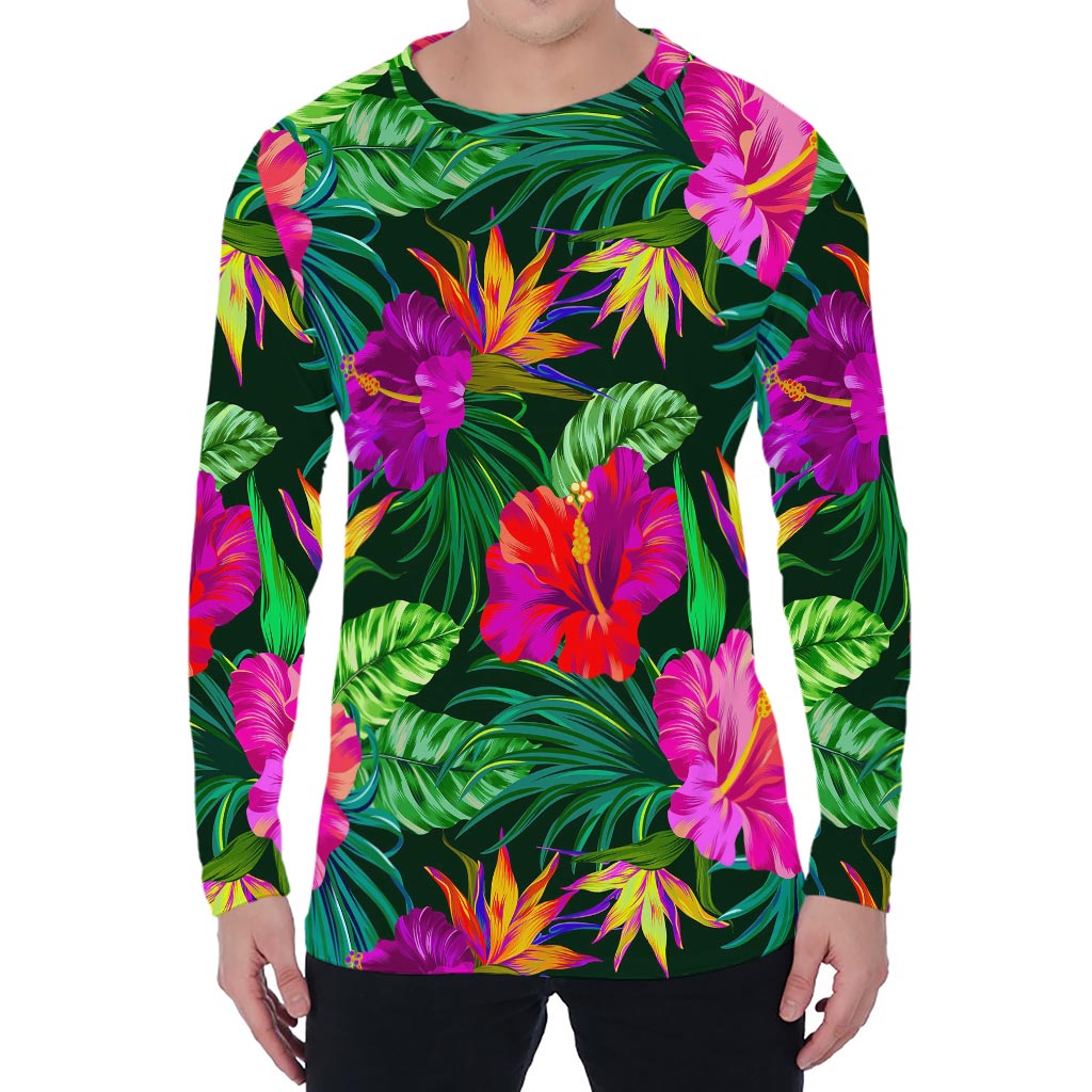 Purple Tropical Pattern Print Men's Long Sleeve T-Shirt