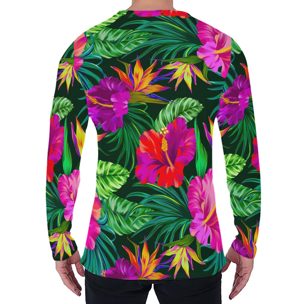 Purple Tropical Pattern Print Men's Long Sleeve T-Shirt